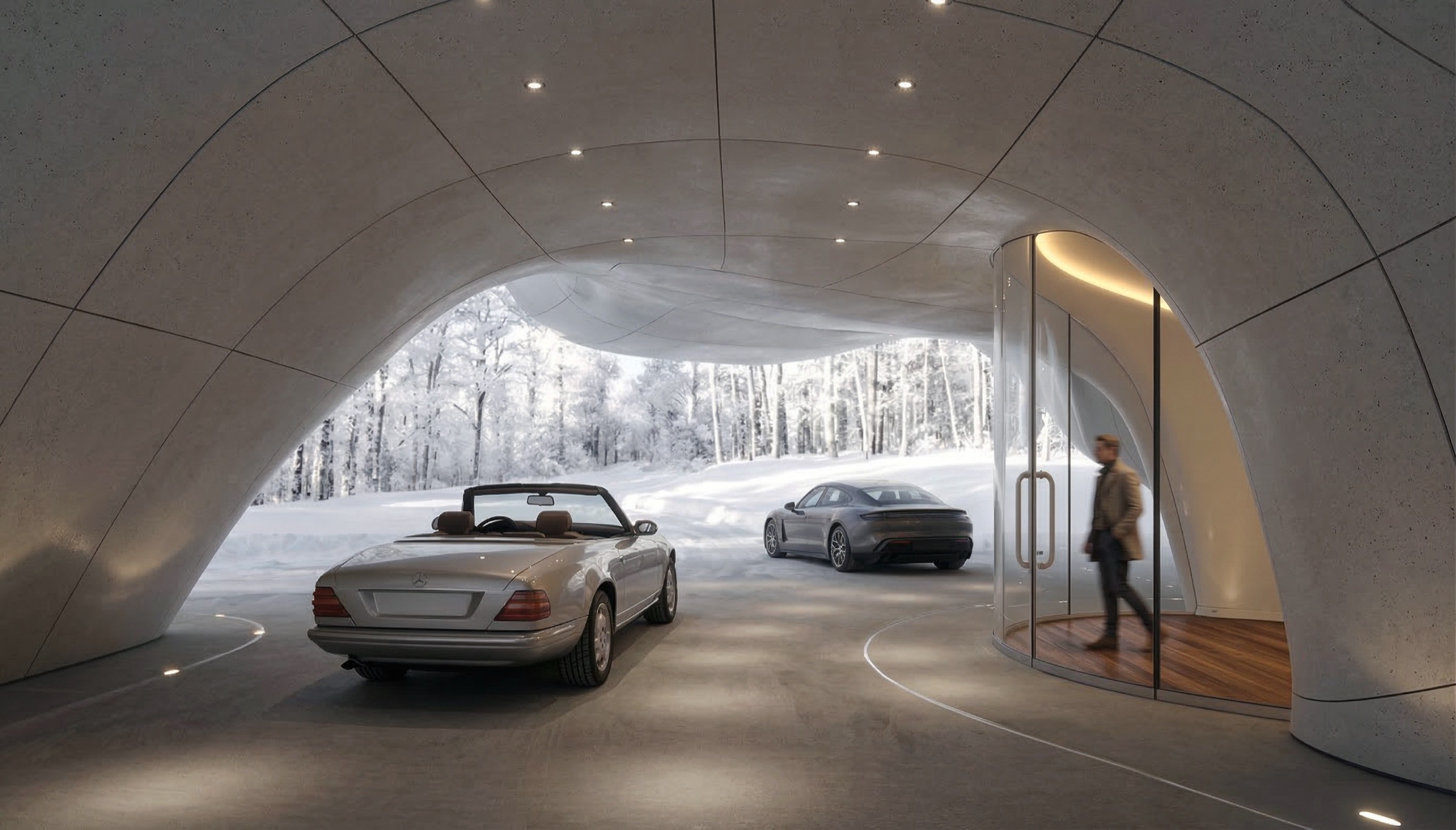 Interior of the sculpted concrete garage pavilion with a vaulted shell ceiling, a glass vestibule entry, and two cars beneath a large organic skylight opening to the forest