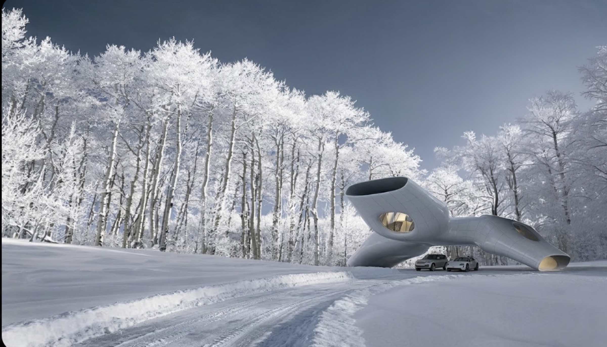 The Wing House in winter — a smooth white sculptural form with organic apertures nestled among frost-covered birch trees, two cars parked beneath its cantilevered wing