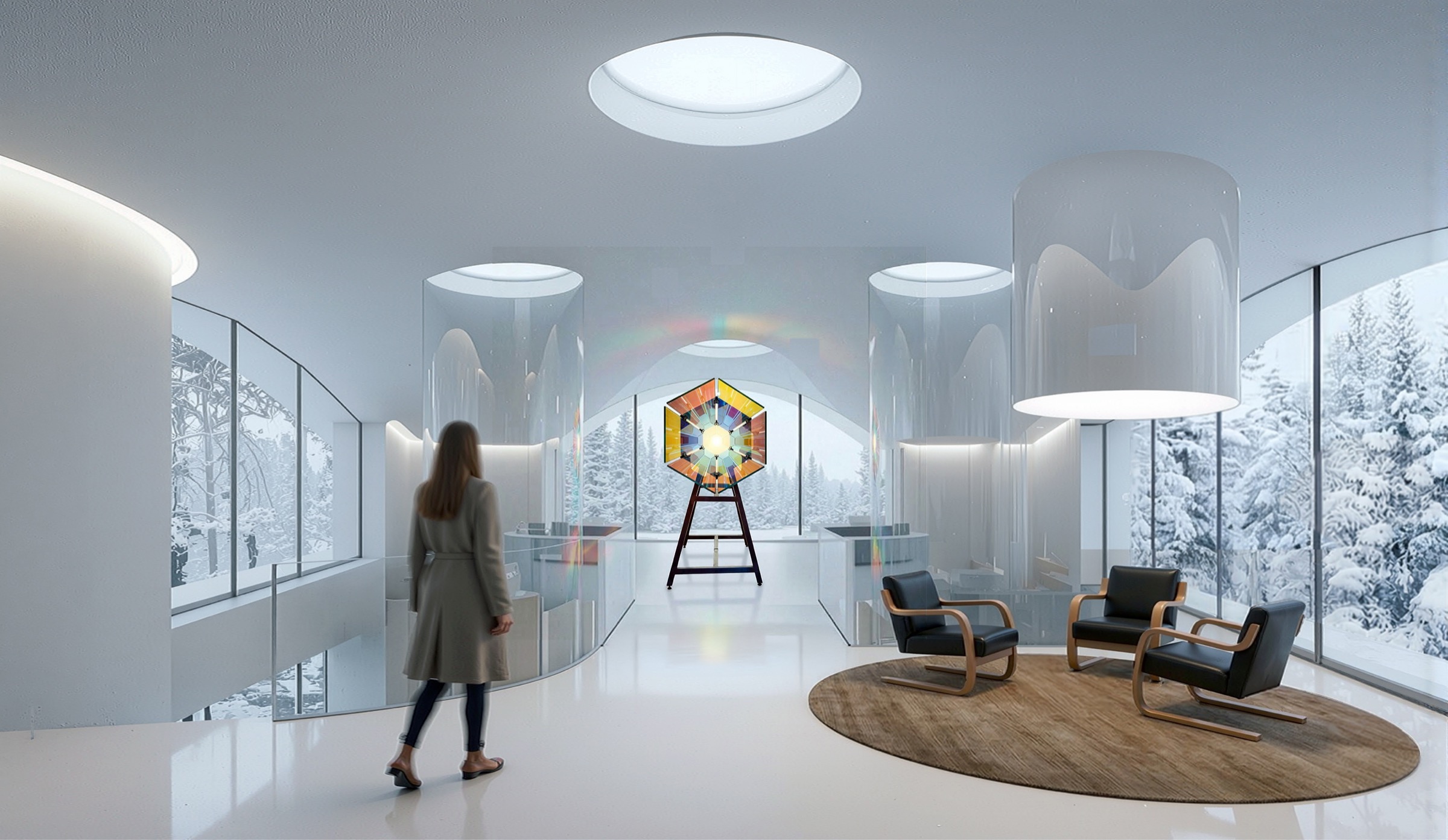 Interior of the Wing House main gallery hall with cylindrical glass skylights, a stained-glass sculpture on an easel, Aalto armchairs, and panoramic views of the snowy Finnish forest
