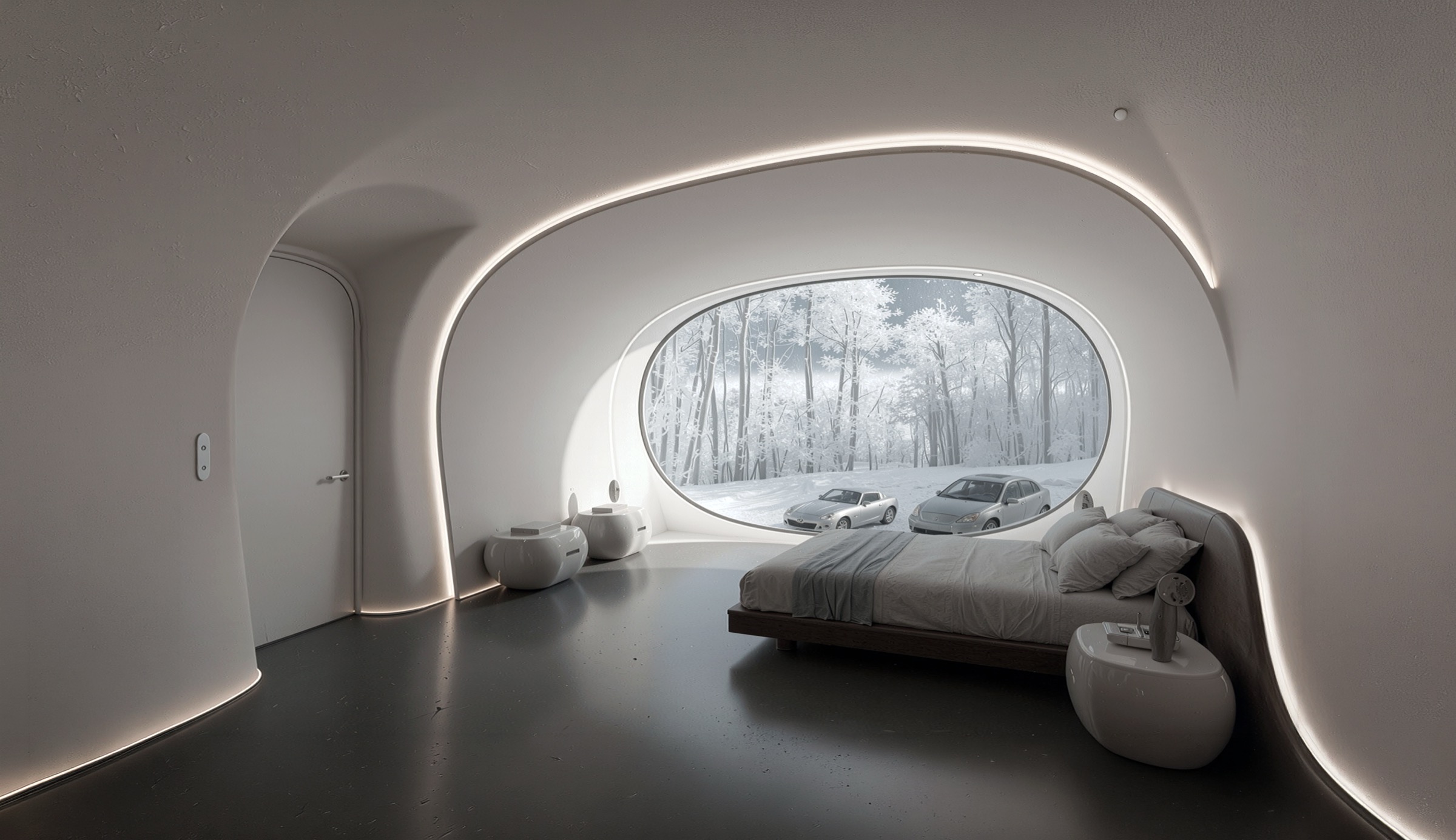 The master bedroom with a large oval window overlooking the snow-covered landscape, a low platform bed, ambient cove lighting tracing the curved white ceiling