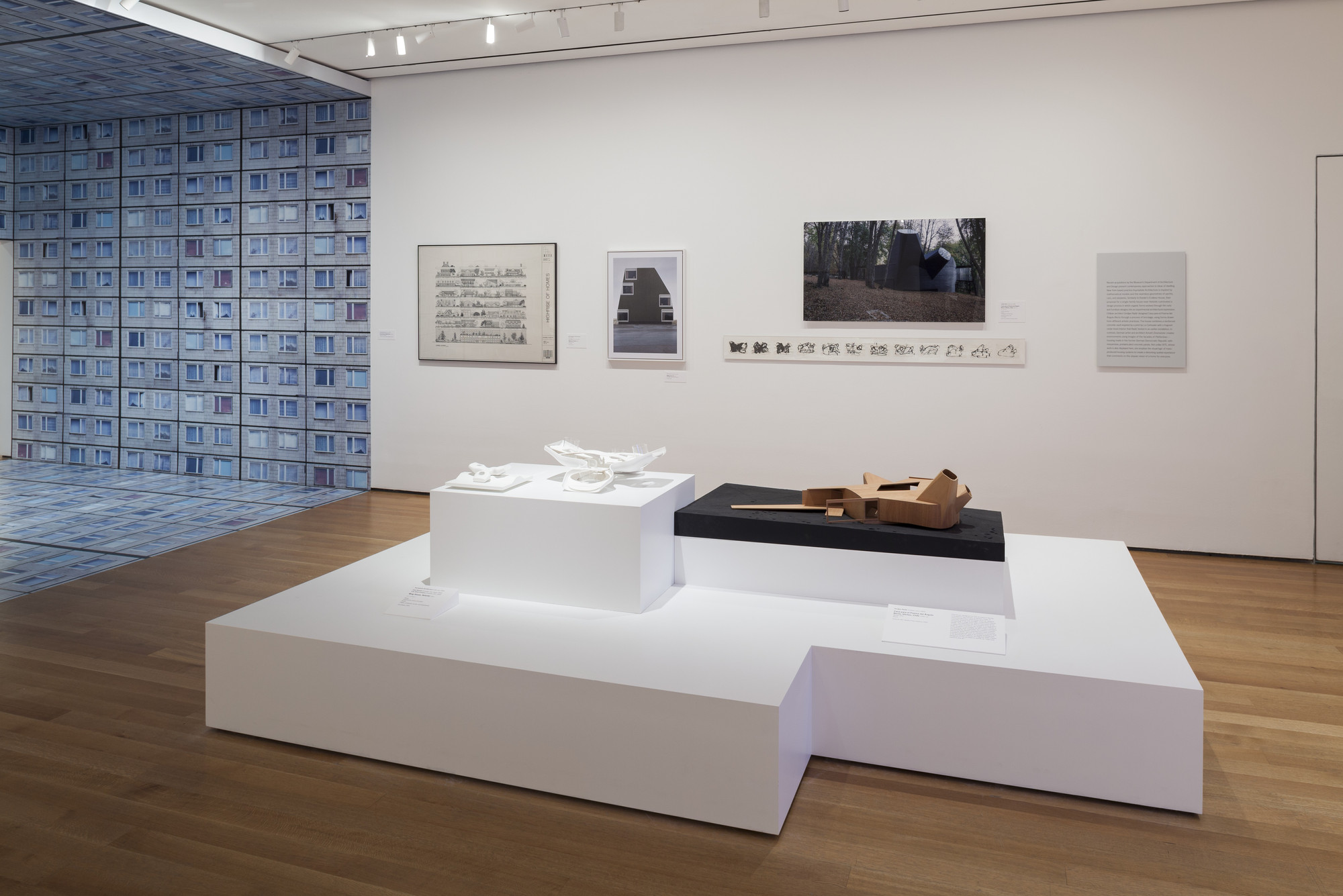 Gallery view of the Endless House exhibition at MoMA showing the Wing House model among other architectural works