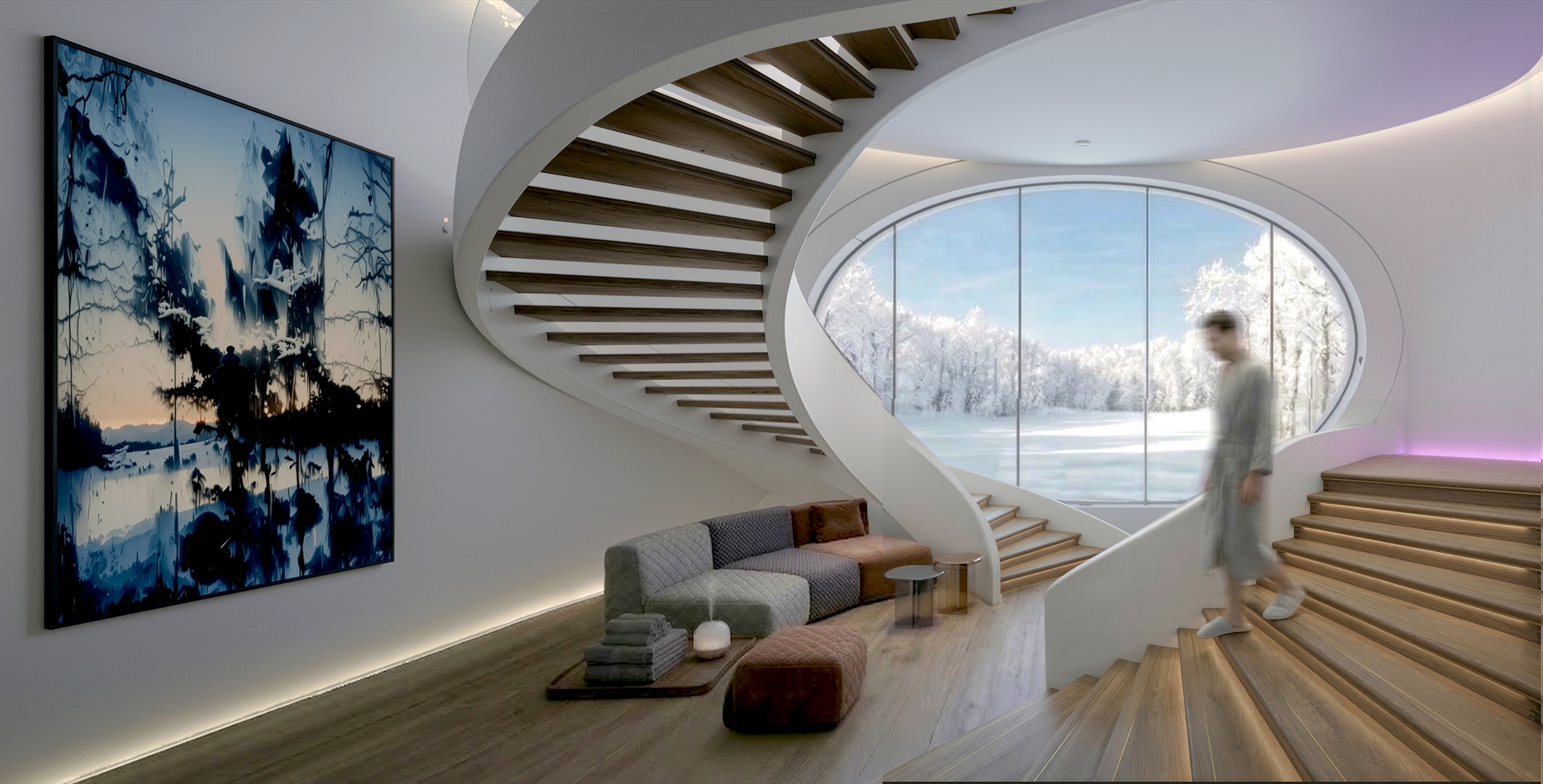 A sculptural timber-and-white spiral staircase framed by a large oval window looking out onto the frozen Finnish landscape, with a painting on the adjacent wall