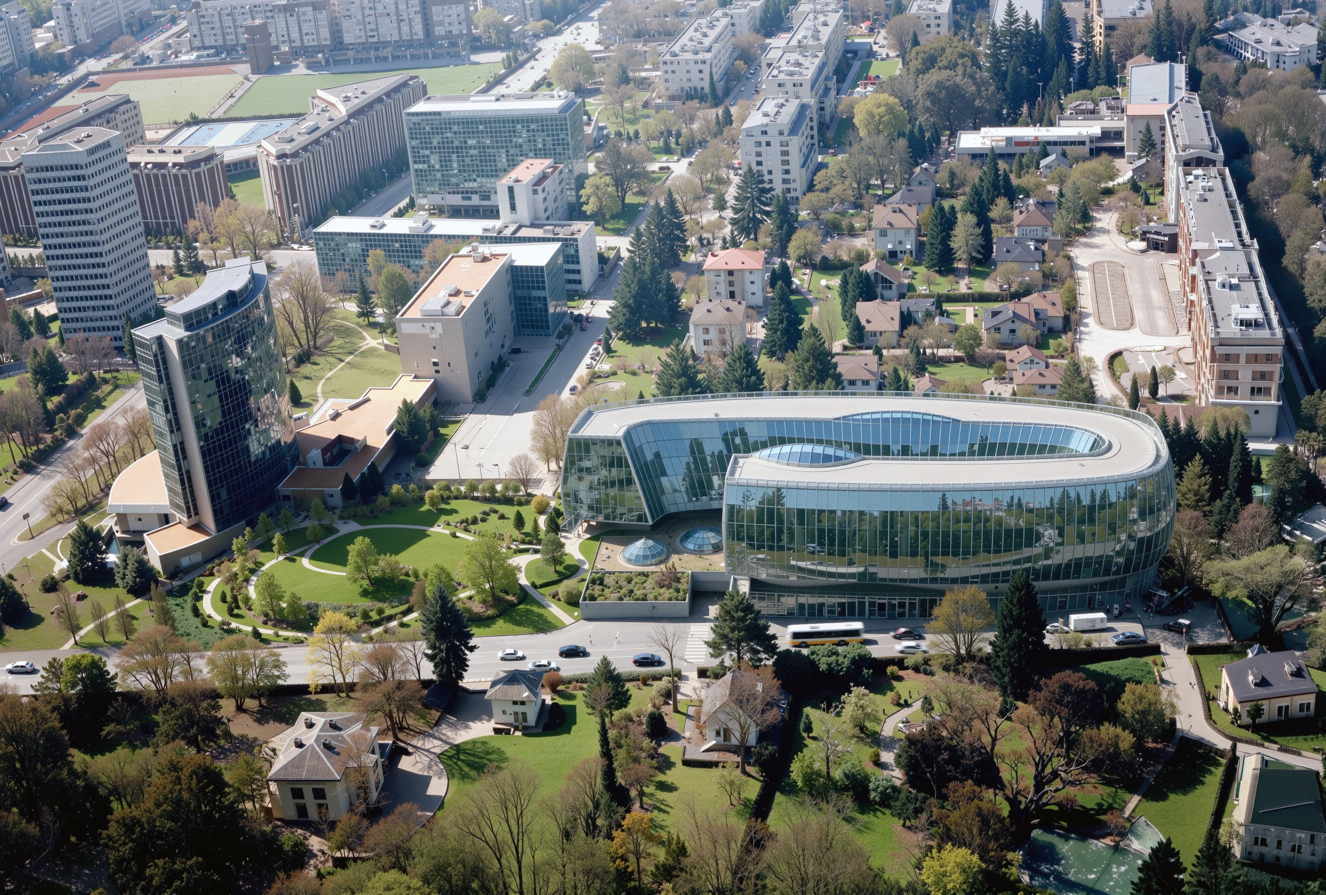 Aerial view of the WIPO campus showing the elliptical new building with green roof among the Geneva landscape