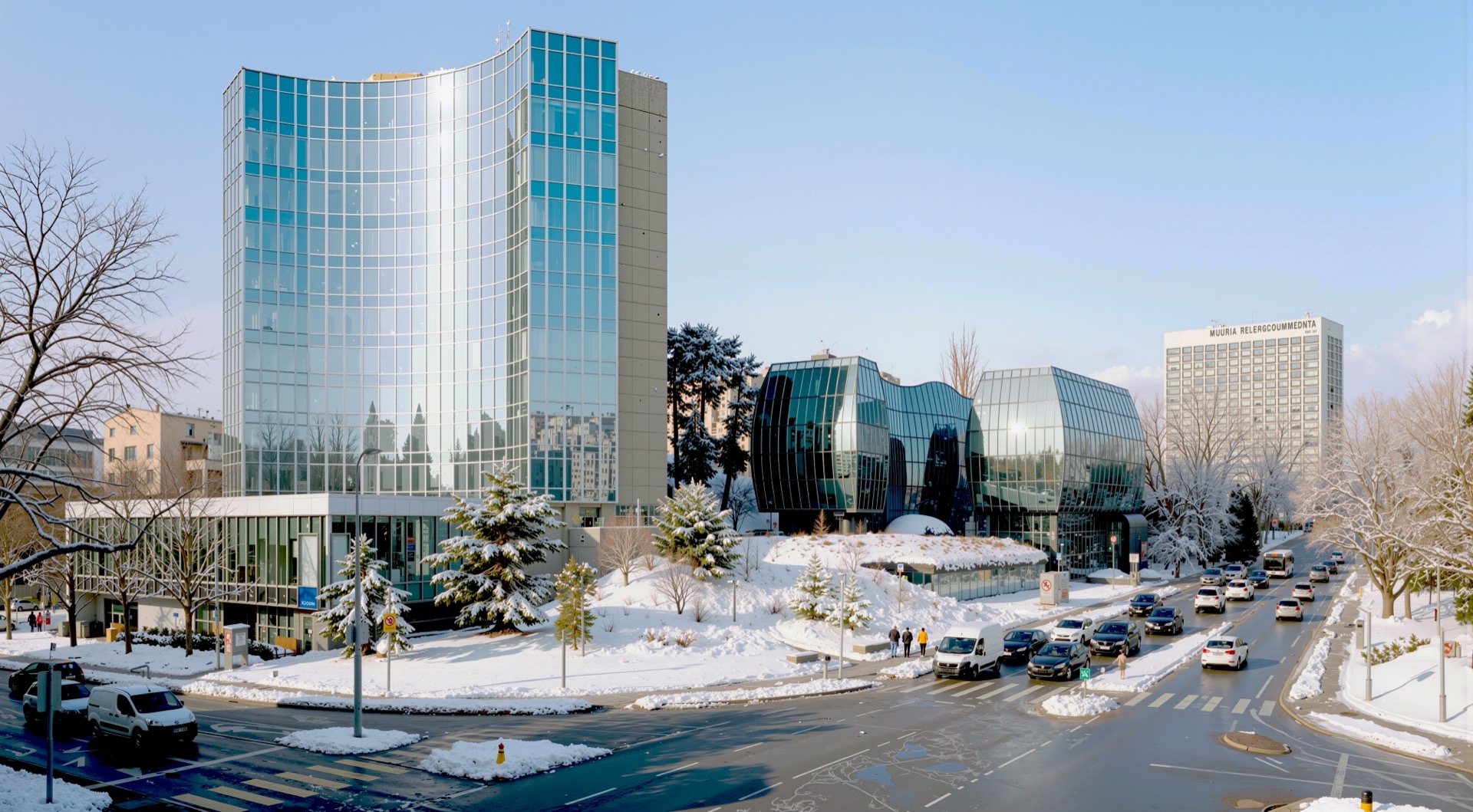 Panoramic winter view of the WIPO Headquarters complex with sculpted glass volumes and existing administration tower in Geneva