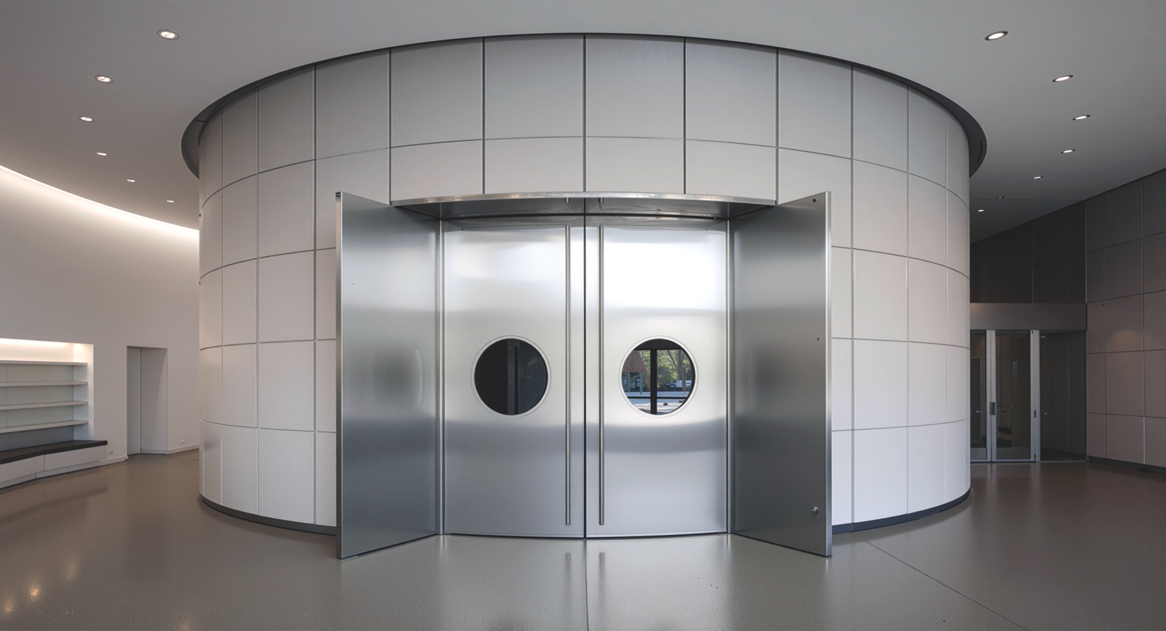 Curved white-paneled cylindrical entrance within the foyer with stainless steel double doors featuring circular porthole windows, grey polished concrete floor, and recessed ceiling lighting