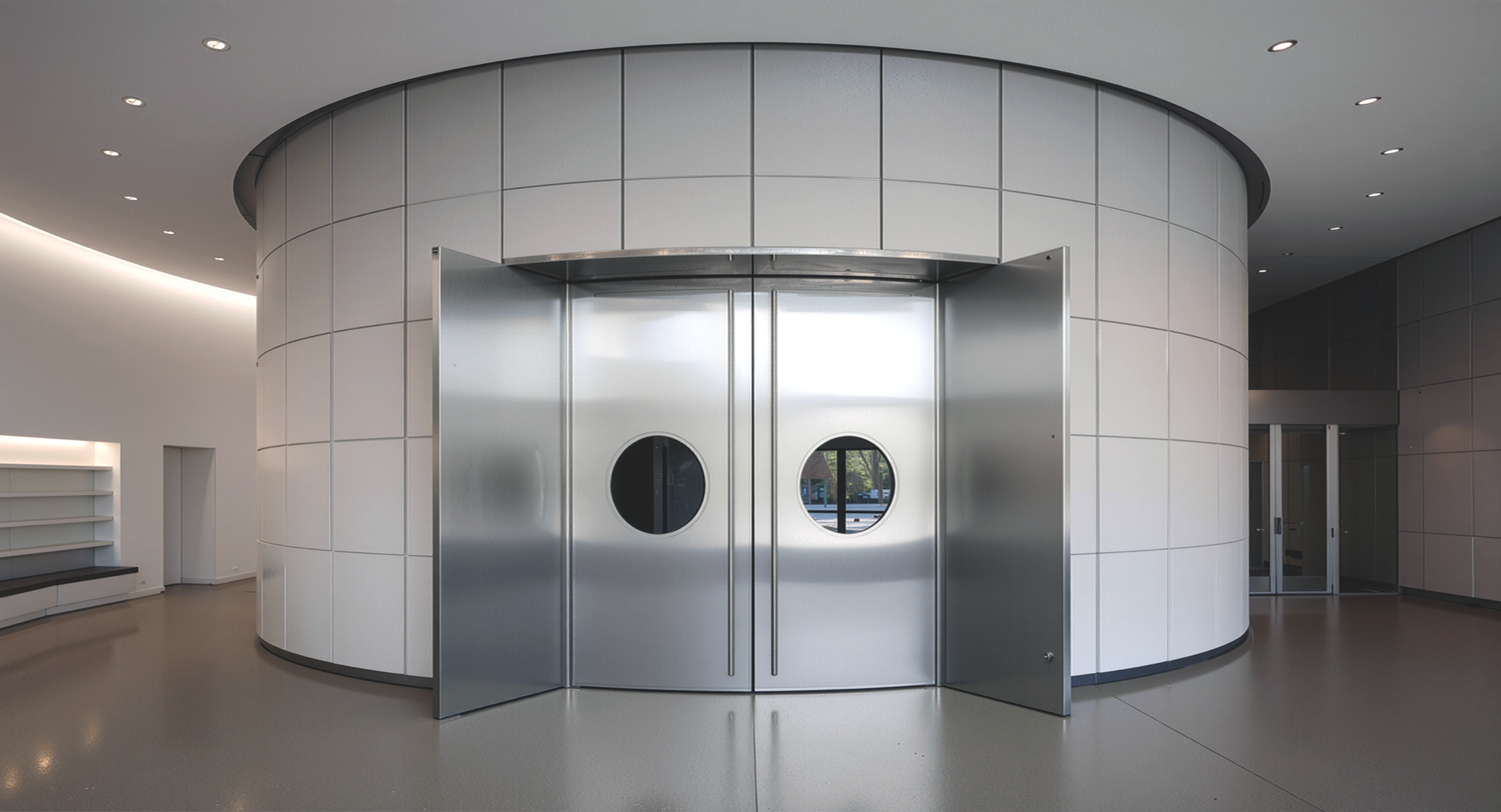 Curved white-paneled cylindrical entrance within the foyer with stainless steel double doors featuring circular porthole windows, grey polished concrete floor, and recessed ceiling lighting