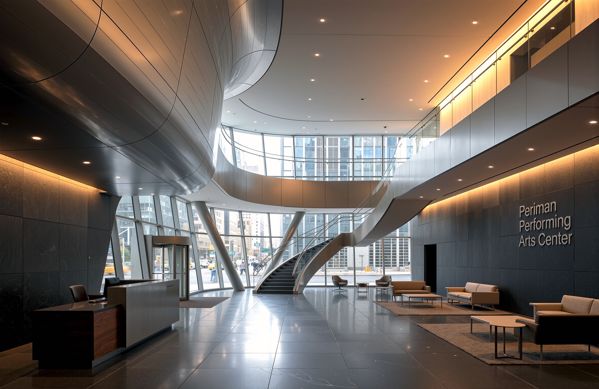 Grand double-height lobby interior with sweeping sculptural staircase, warm lighting, and floor-to-ceiling glazing overlooking the city