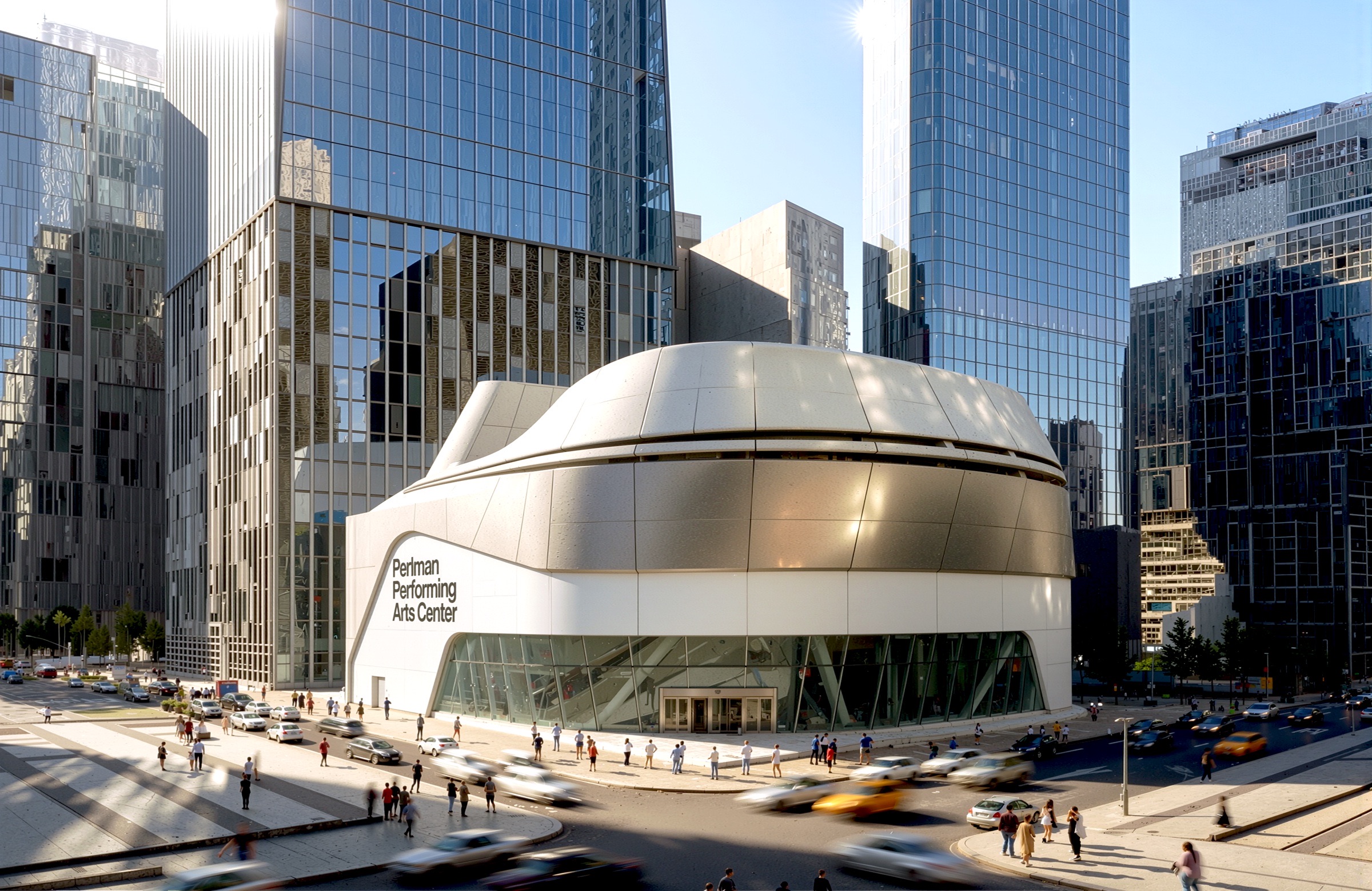 Elevated street view of the Perlman Performing Arts Center — a sculptural curved metallic volume with a continuous band of glazing at its base, set among the glass towers of the World Trade Center complex, with pedestrians and taxis on the surrounding streets