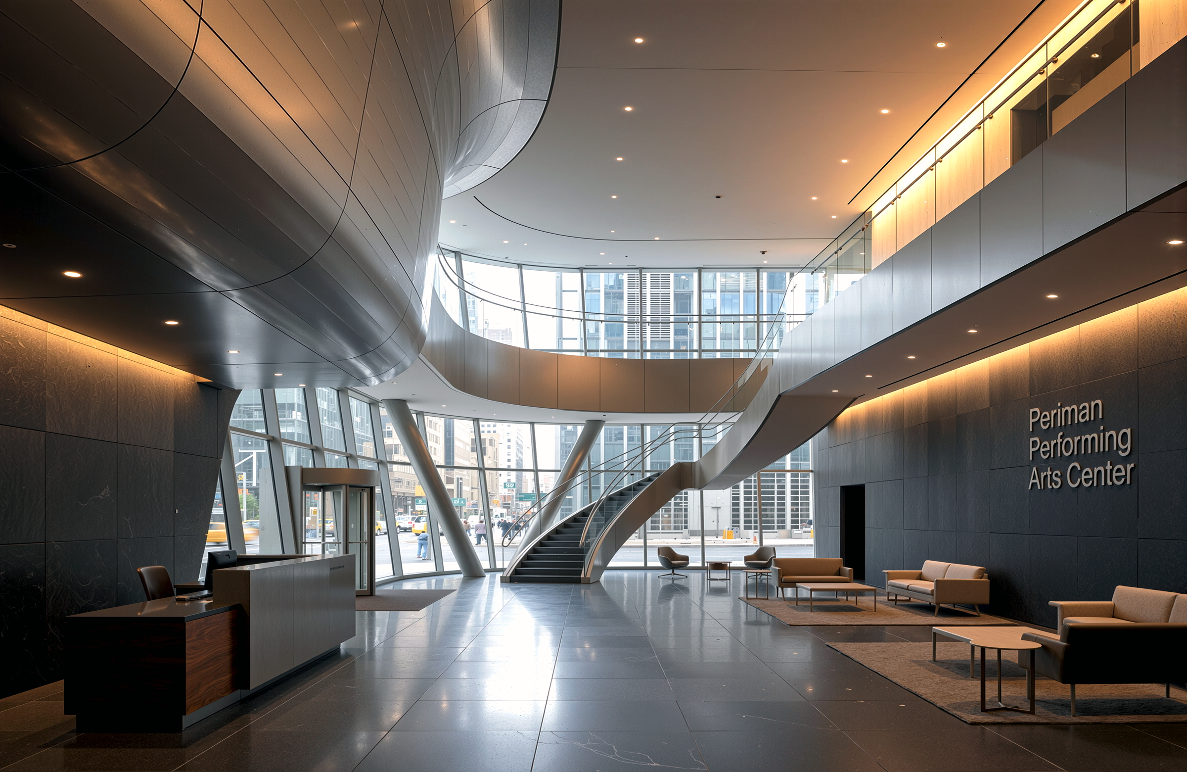 Double-height lobby interior of the Perlman Performing Arts Center with a sweeping sculptural staircase, dark stone and metallic wall panels, warm accent lighting, leather seating, and 'Perlman Performing Arts Center' signage
