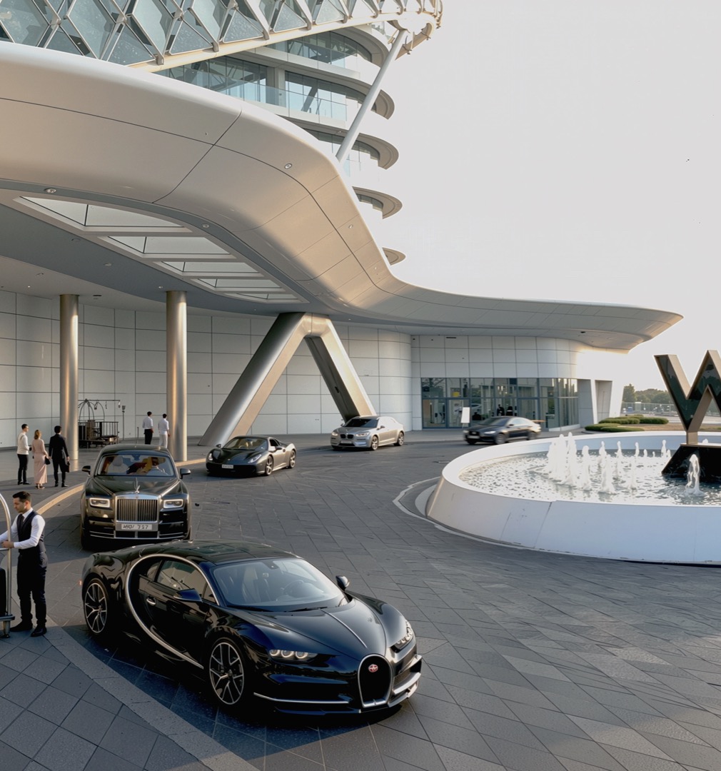 Yas Hotel porte-cochere entrance with sweeping canopy and luxury vehicles