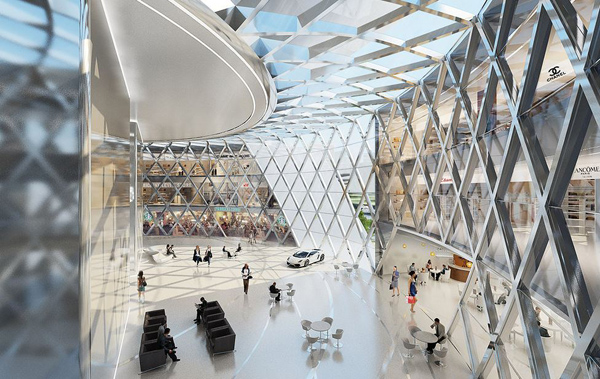 Interior of the tower atrium — diagrid structural glazing rising to full height, retail program at ground level with pedestrians and seating, elliptical oculus in the ceiling above