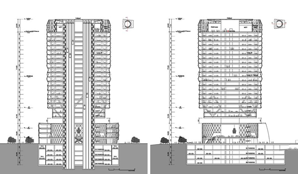 Architectural sections through the Zhengzhou CBD Towers — front and side elevations showing office floors, refuge levels, diagrid structure, parking below grade, and the carved plinth at the base