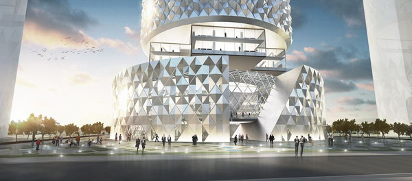 Street-level view of the Zhengzhou CBD Tower — triangulated diamond-patterned cladding wrapping the circular plinth, carved terraces and cantilevered entry canopy, pedestrians crossing the public plaza at dusk