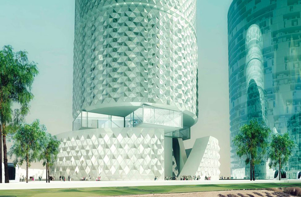 Close-up exterior view of the Zhengzhou CBD Tower base — diamond-patterned facade wrapping the cylindrical volume, cantilevered glass entry pavilion, second tower visible beyond the tree-lined plaza