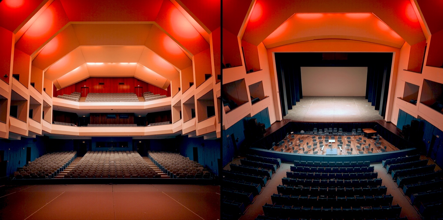 Split view of two theater auditoriums with dramatic red and blue lighting, showing tiered seating and proscenium stages