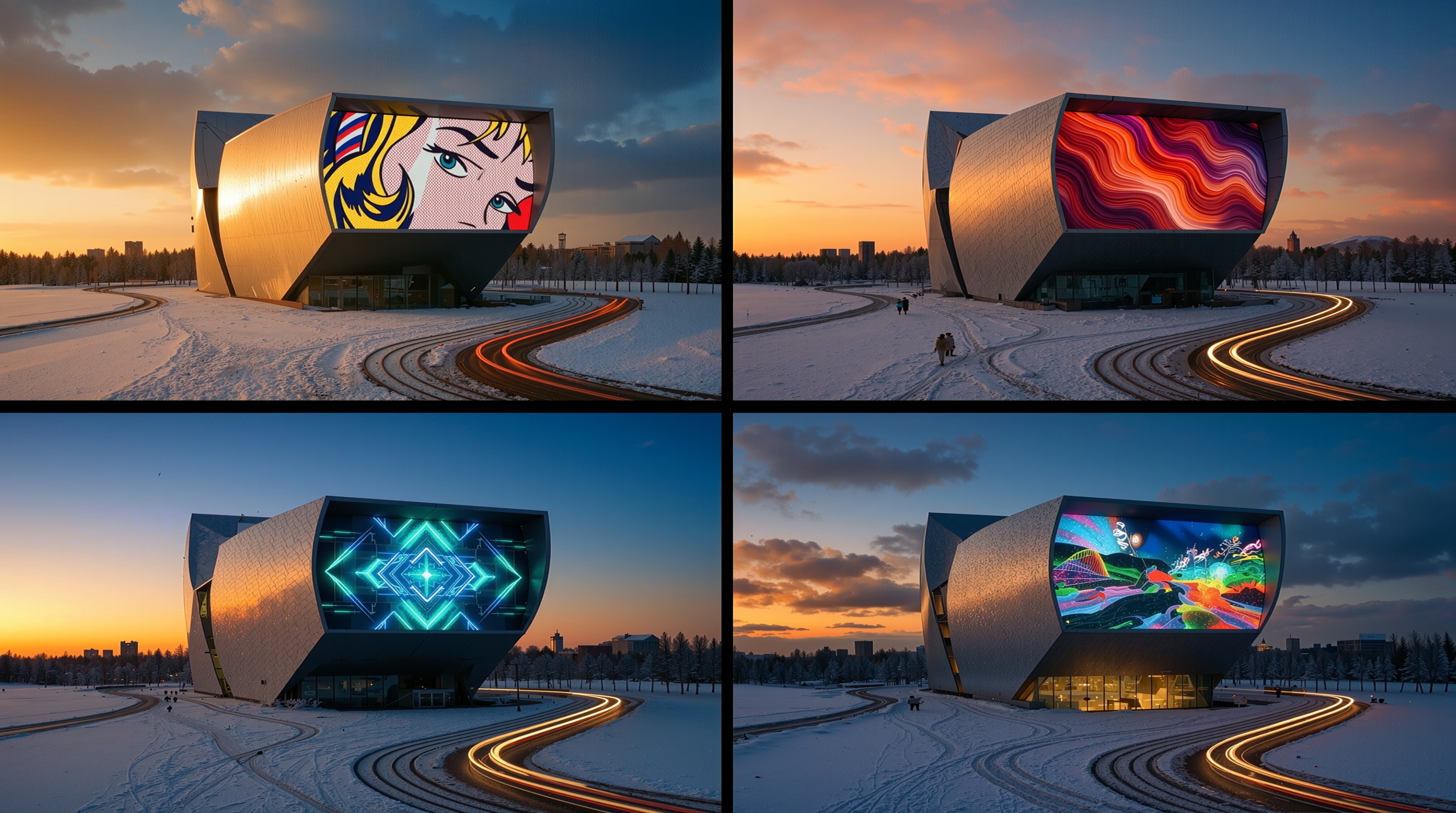 Four exterior views of the performing arts center at sunset showcasing the dynamic media facade with different projected artworks