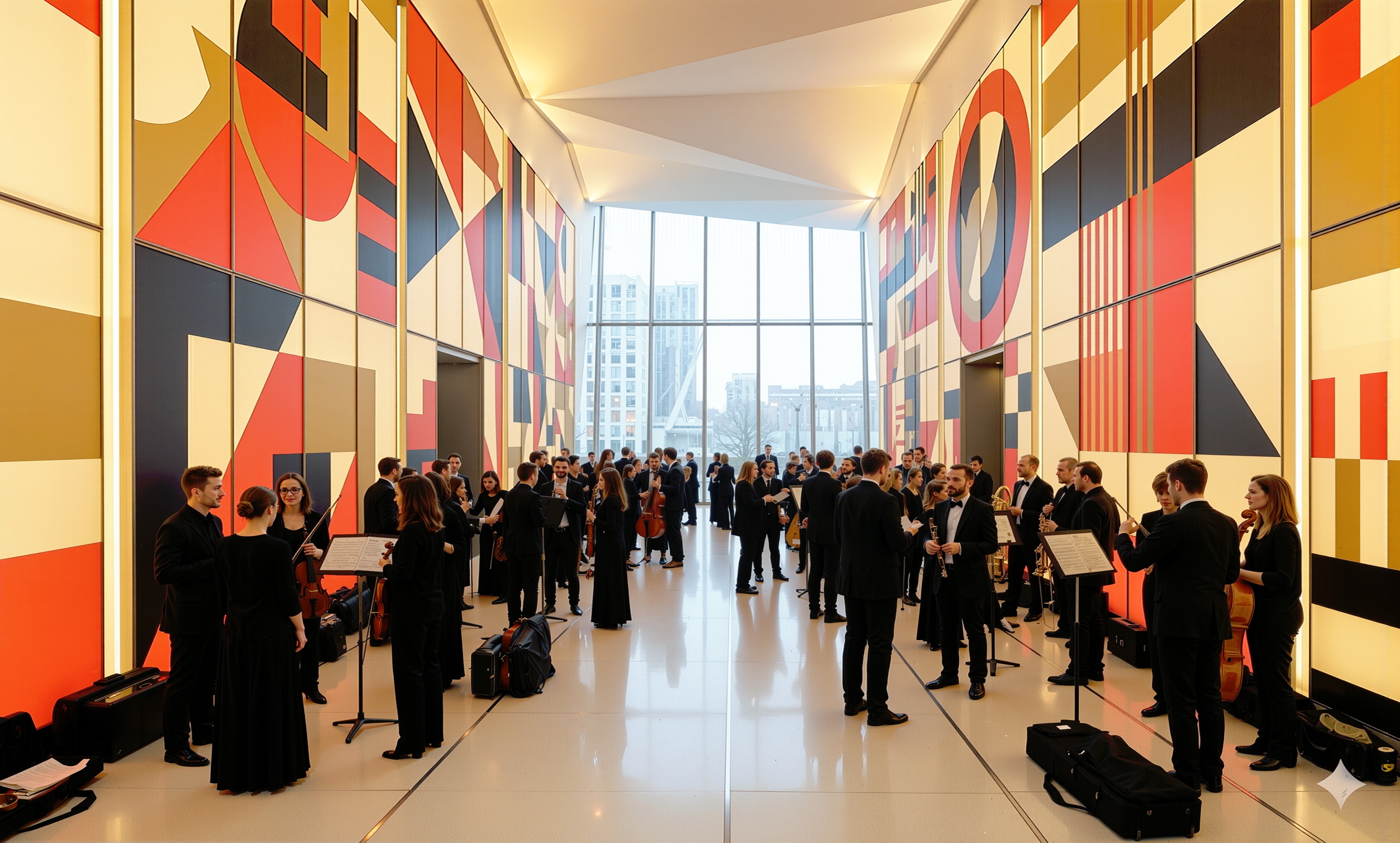 Interior foyer with bold constructivist art murals on the walls and orchestra musicians gathering before a performance