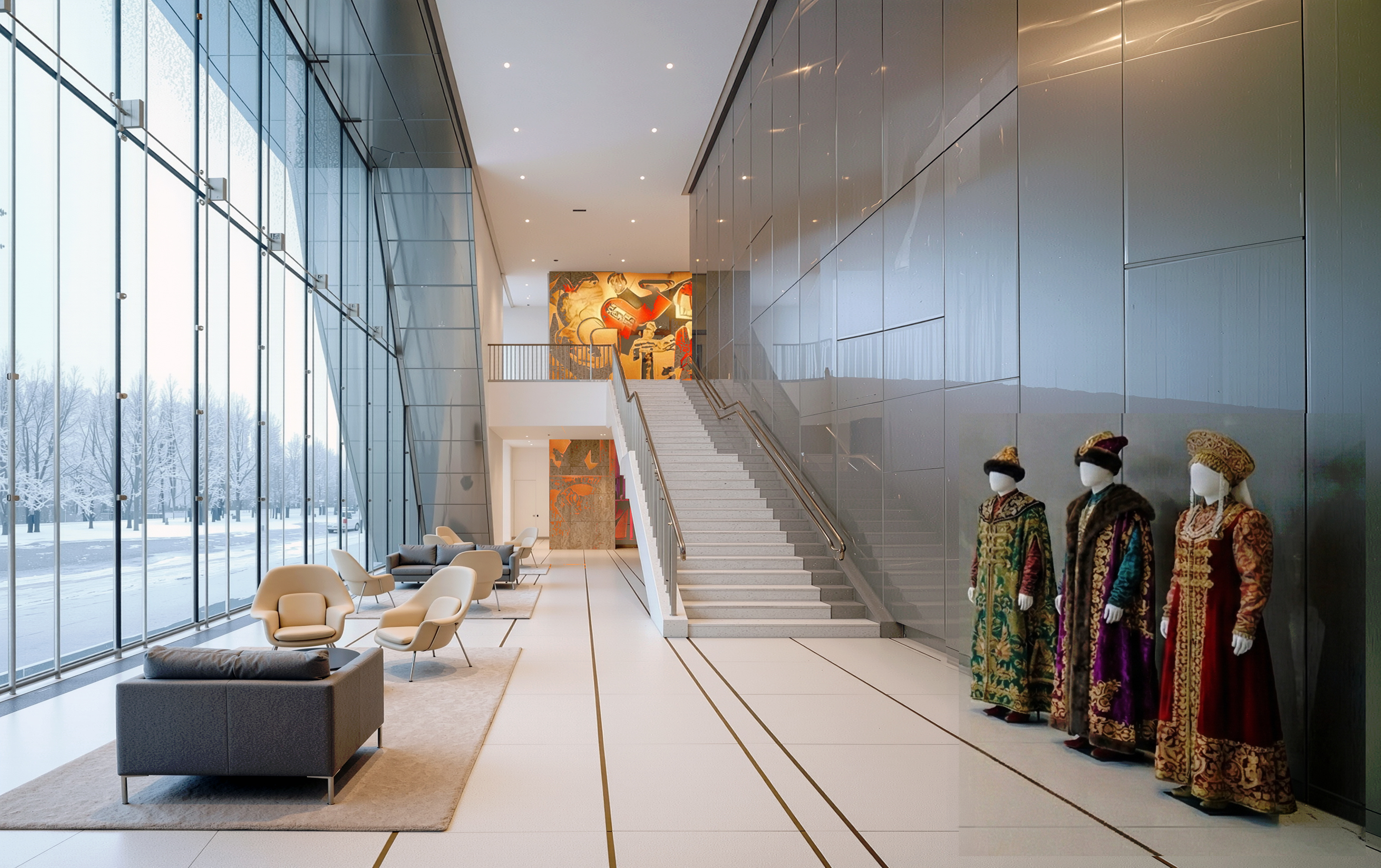 Grand lobby of the ZIL Performing Arts Center featuring a monumental staircase, floor-to-ceiling glazing, and traditional costume displays