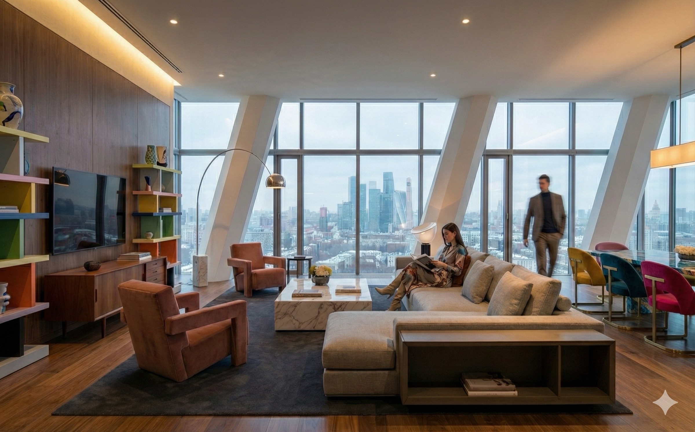 Penthouse living area with colorful contemporary furnishings and residents enjoying the open-plan space with panoramic Moscow views