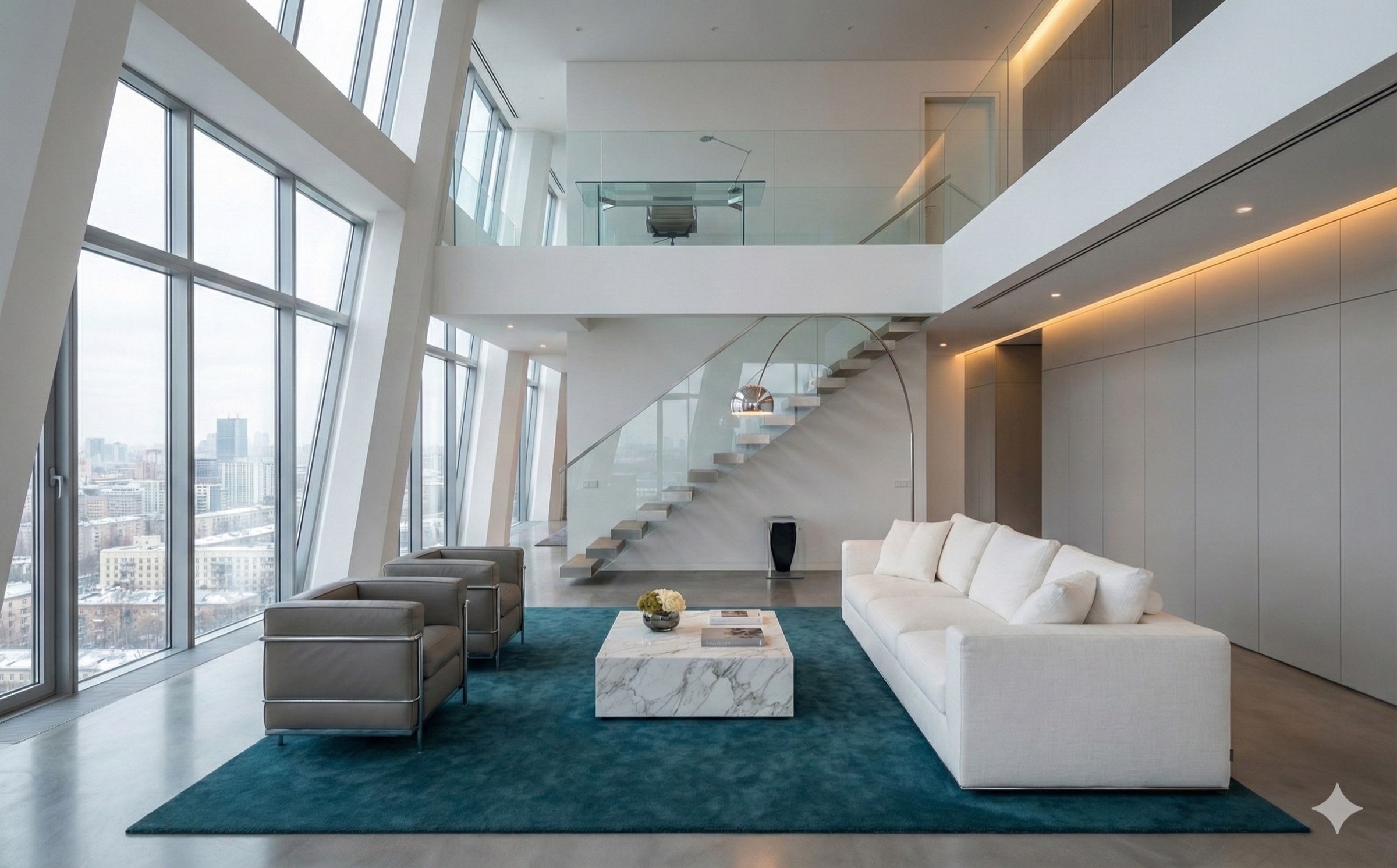 Double-height duplex penthouse with minimalist white interior, glass staircase, Le Corbusier armchairs on a teal rug, marble coffee table, and angled windows overlooking Moscow